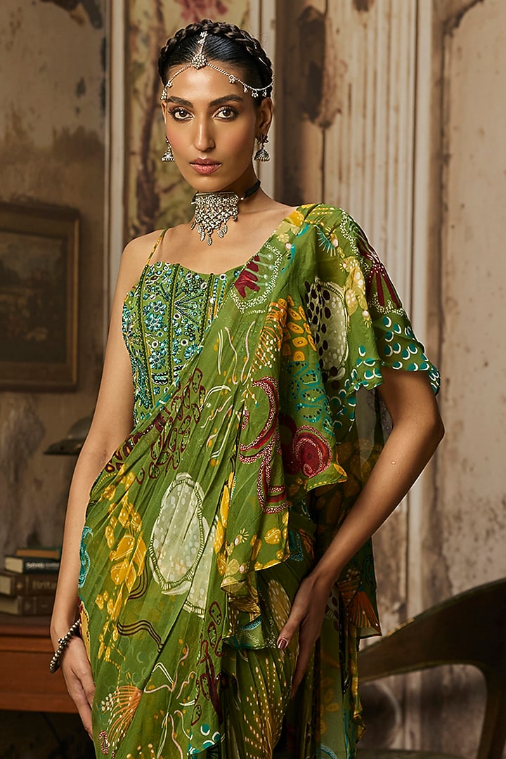 Pear Green Crepe Coral Veil Printed Ruffled Skirt Wedding Saree Set by DiyaRajvvir at Pernia's Pop Up Shop