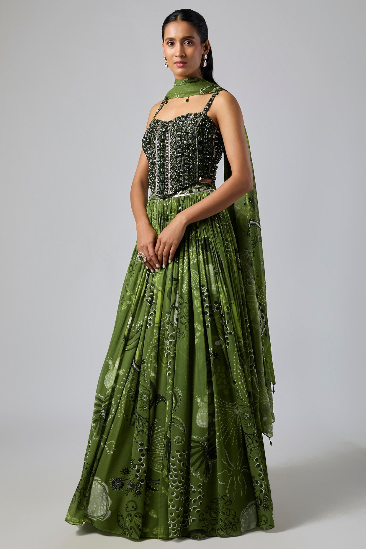DiyaRajvvir Pear Green Georgette Coral Veil Printed Lehenga Set