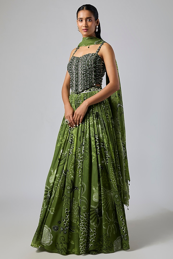 Pear Green Georgette Coral Veil Printed Wedding Lehenga Set by DiyaRajvvir at Pernia's Pop Up Shop