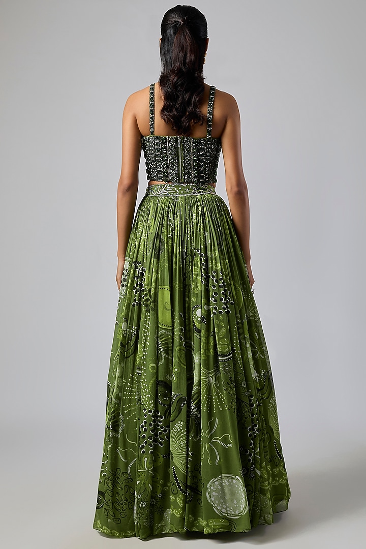 Pear Green Georgette Coral Veil Printed Wedding Lehenga Set by DiyaRajvvir at Pernia's Pop Up Shop