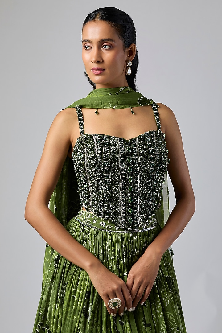Pear Green Georgette Coral Veil Printed Wedding Lehenga Set by DiyaRajvvir at Pernia's Pop Up Shop