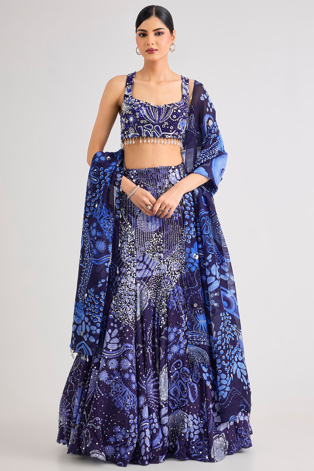 DiyaRajvvir Navy Blue Crepe Veil Printed Mermaid Lehenga Set