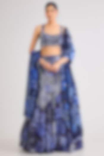 Navy Blue Crepe Veil Printed Mermaid Wedding Lehenga Set by DiyaRajvvir at Pernia's Pop Up Shop