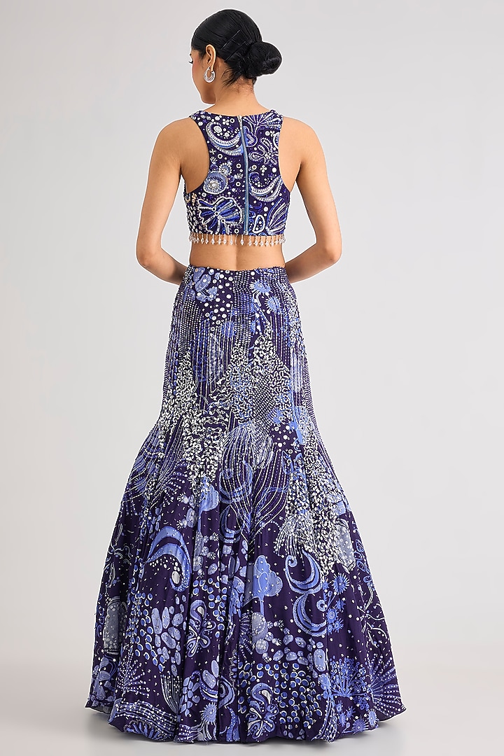 Navy Blue Crepe Veil Printed Mermaid Wedding Lehenga Set by DiyaRajvvir at Pernia's Pop Up Shop