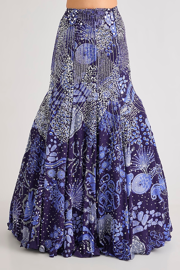 Navy Blue Crepe Veil Printed Mermaid Wedding Lehenga Set by DiyaRajvvir at Pernia's Pop Up Shop