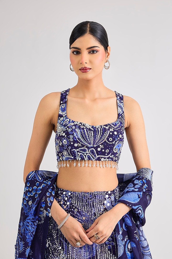 Navy Blue Crepe Veil Printed Mermaid Wedding Lehenga Set by DiyaRajvvir at Pernia's Pop Up Shop