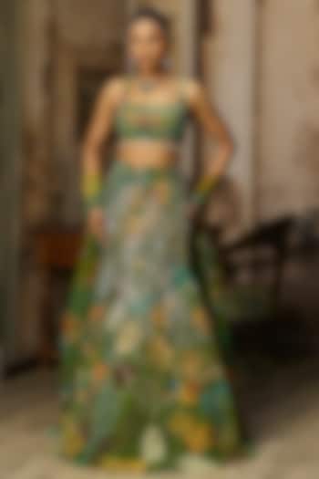 Pear Green Crepe Coral Veil Printed Mermaid Skirt Set by DiyaRajvvir at Pernia's Pop Up Shop