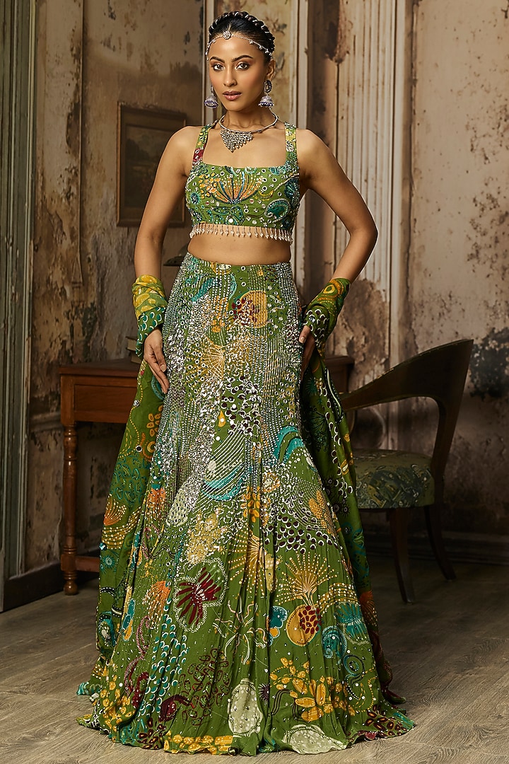 Pear Green Crepe Coral Veil Printed Mermaid Skirt Set by DiyaRajvvir at Pernia's Pop Up Shop