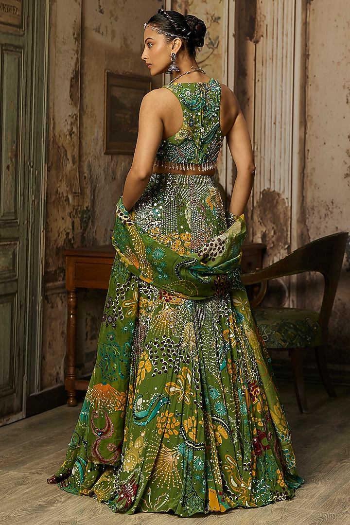 Pear Green Crepe Coral Veil Printed Mermaid Skirt Set by DiyaRajvvir at Pernia's Pop Up Shop