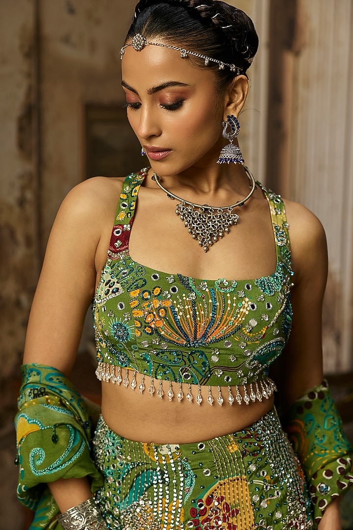 Pear Green Crepe Coral Veil Printed Mermaid Skirt Set by DiyaRajvvir at Pernia's Pop Up Shop