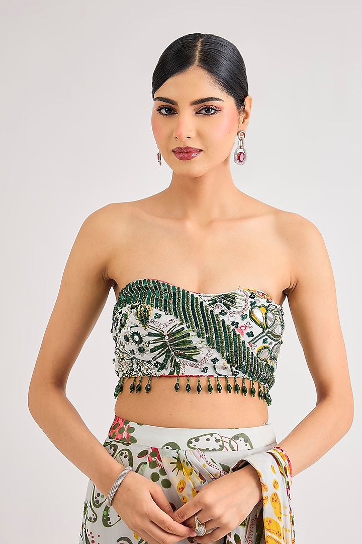 Ivory Crepe & Georgette Veil Printed Slit Skirt Wedding Saree Set by DiyaRajvvir at Pernia's Pop Up Shop