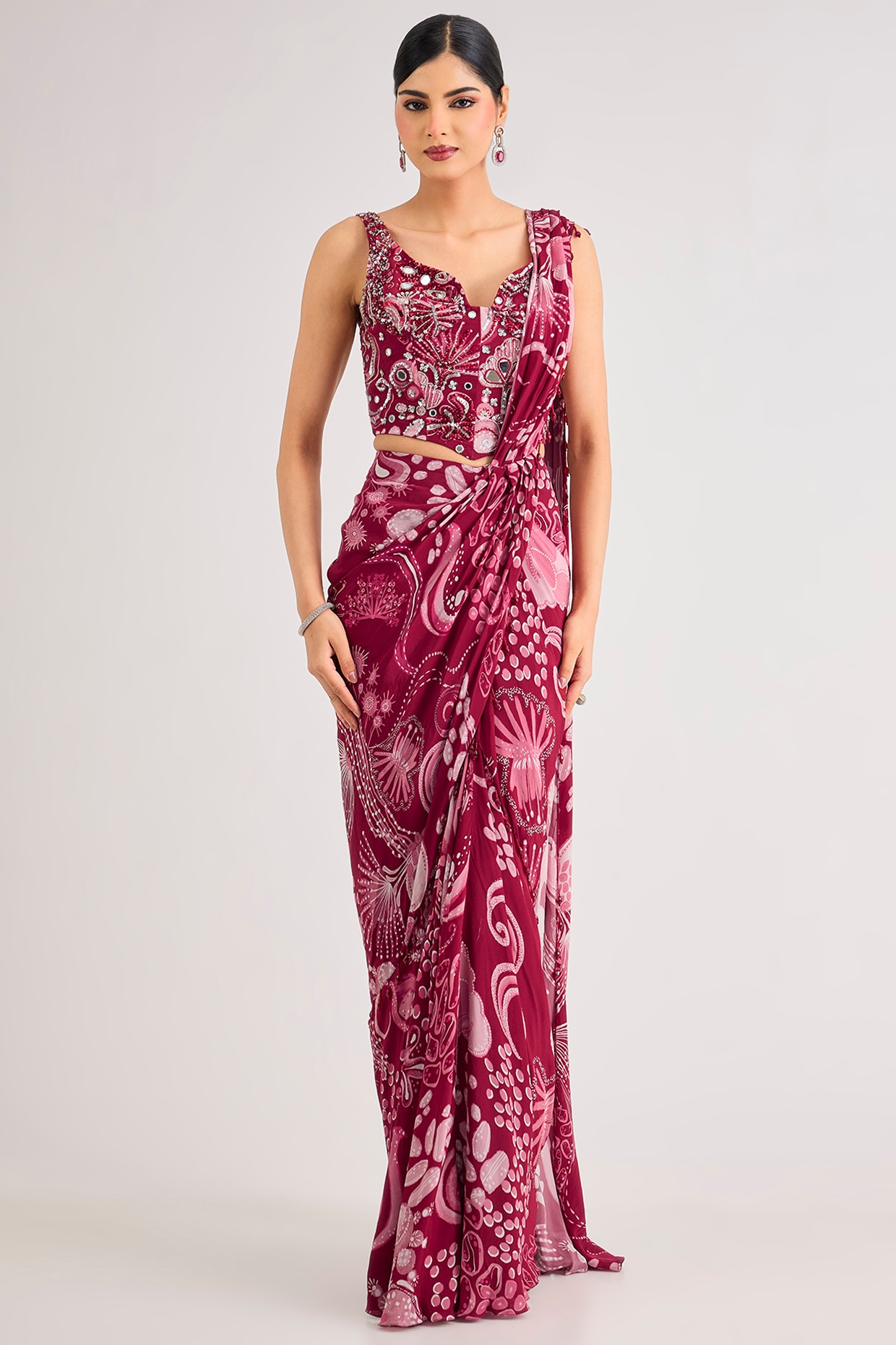 DiyaRajvvir Scarlet Red Crepe Veil Printed Dhoti Skirt Saree Set