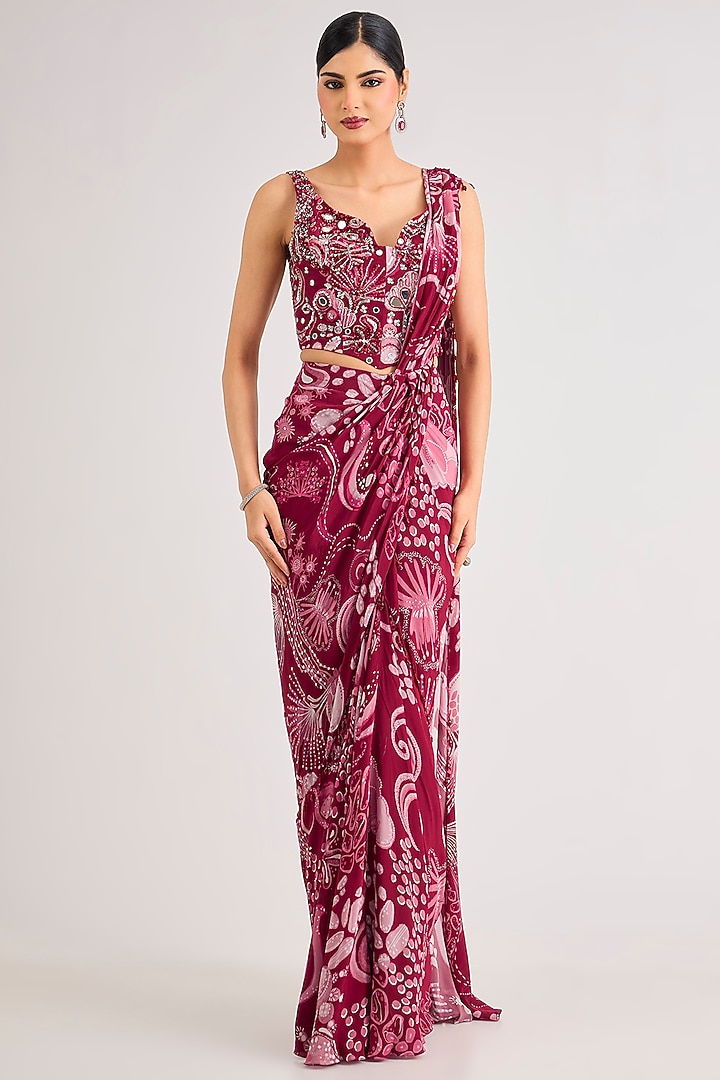 Scarlet Red Crepe Veil Printed Dhoti Skirt Wedding Saree Set by DiyaRajvvir at Pernia's Pop Up Shop