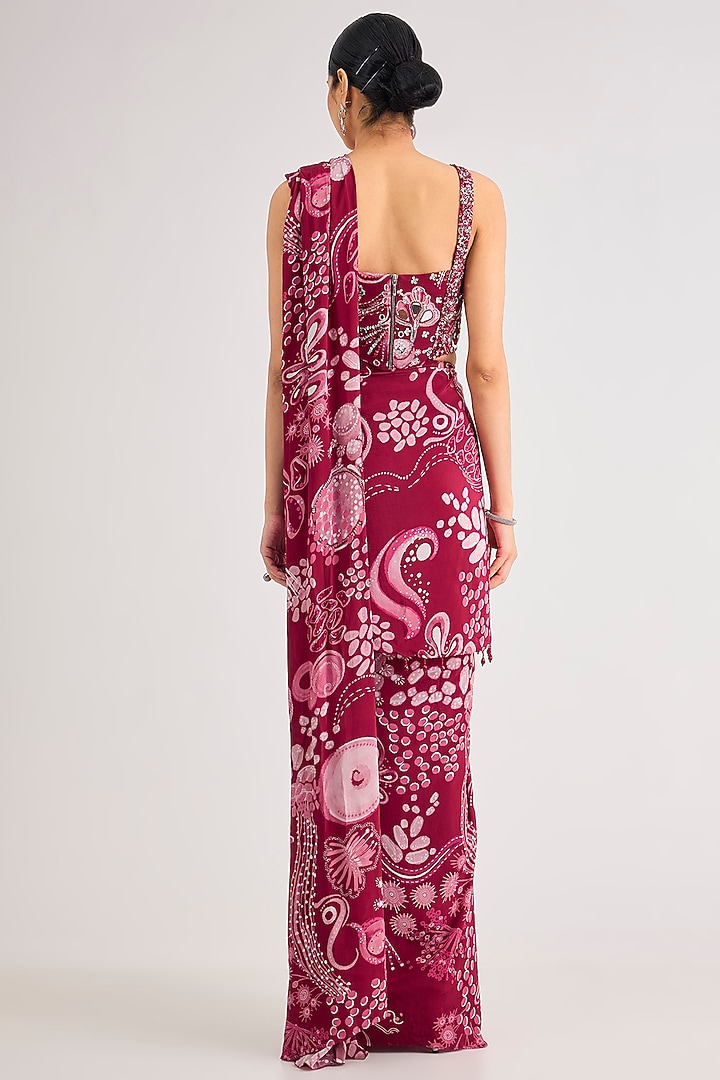 Scarlet Red Crepe Veil Printed Dhoti Skirt Wedding Saree Set by DiyaRajvvir at Pernia's Pop Up Shop