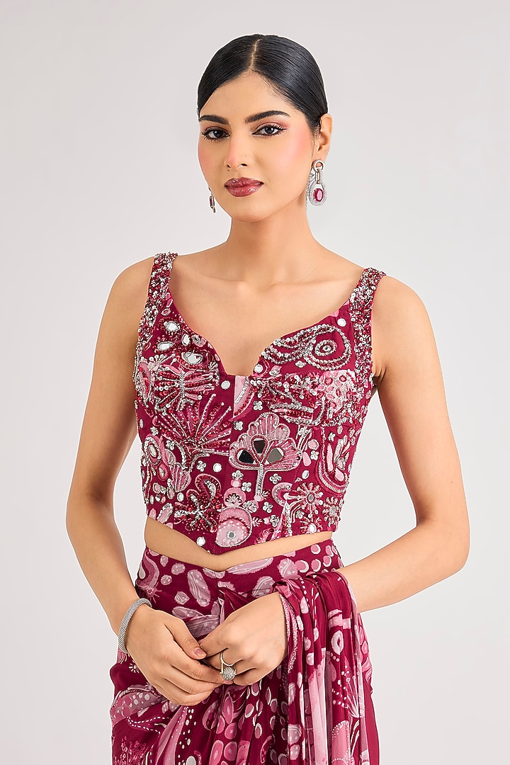 Scarlet Red Crepe Veil Printed Dhoti Skirt Wedding Saree Set by DiyaRajvvir at Pernia's Pop Up Shop