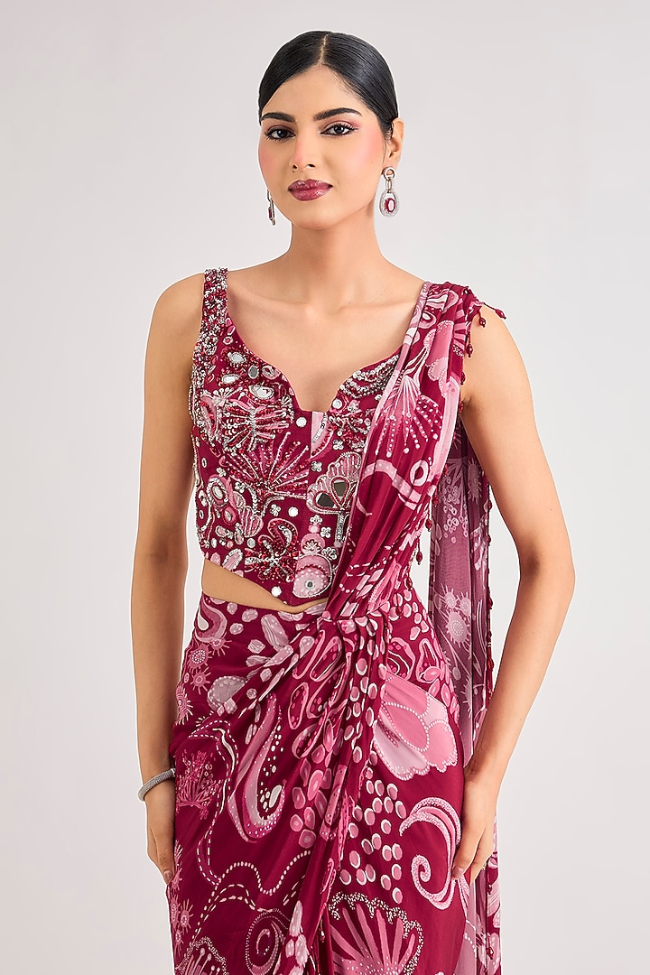 Scarlet Red Crepe Veil Printed Dhoti Skirt Wedding Saree Set by DiyaRajvvir at Pernia's Pop Up Shop