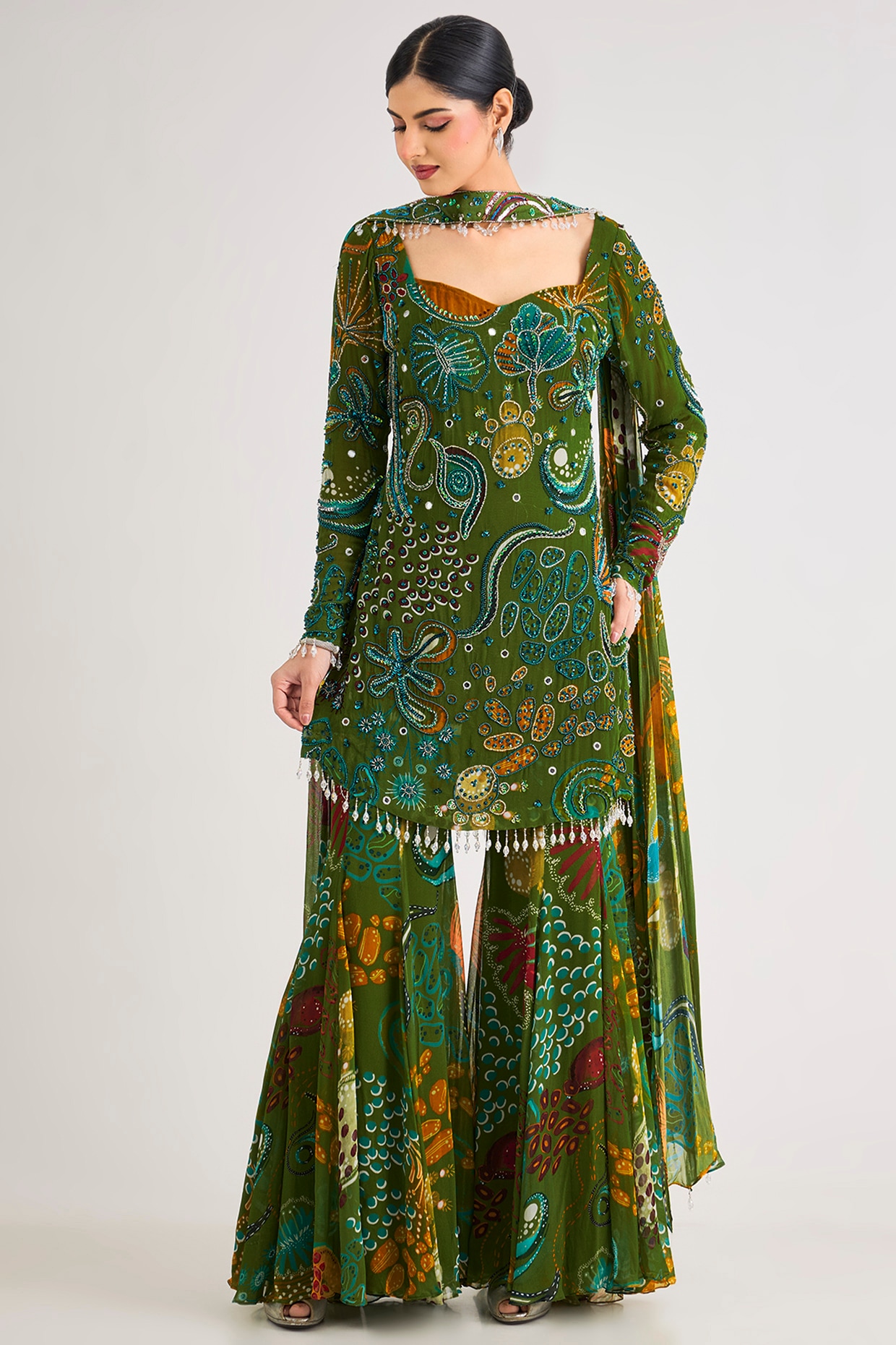 DiyaRajvvir Pear Green Georgette Veil Printed Kurta Set