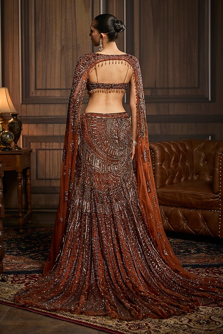 Caramel Brown Tulle Embellished Mermaid Skirt Set by DiyaRajvvir at Pernia's Pop Up Shop