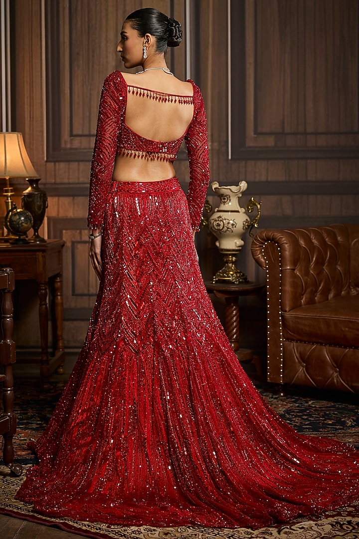 Vermillion Red Tulle Embroidered Mermaid Bridal Lehenga Set by DiyaRajvvir at Pernia's Pop Up Shop