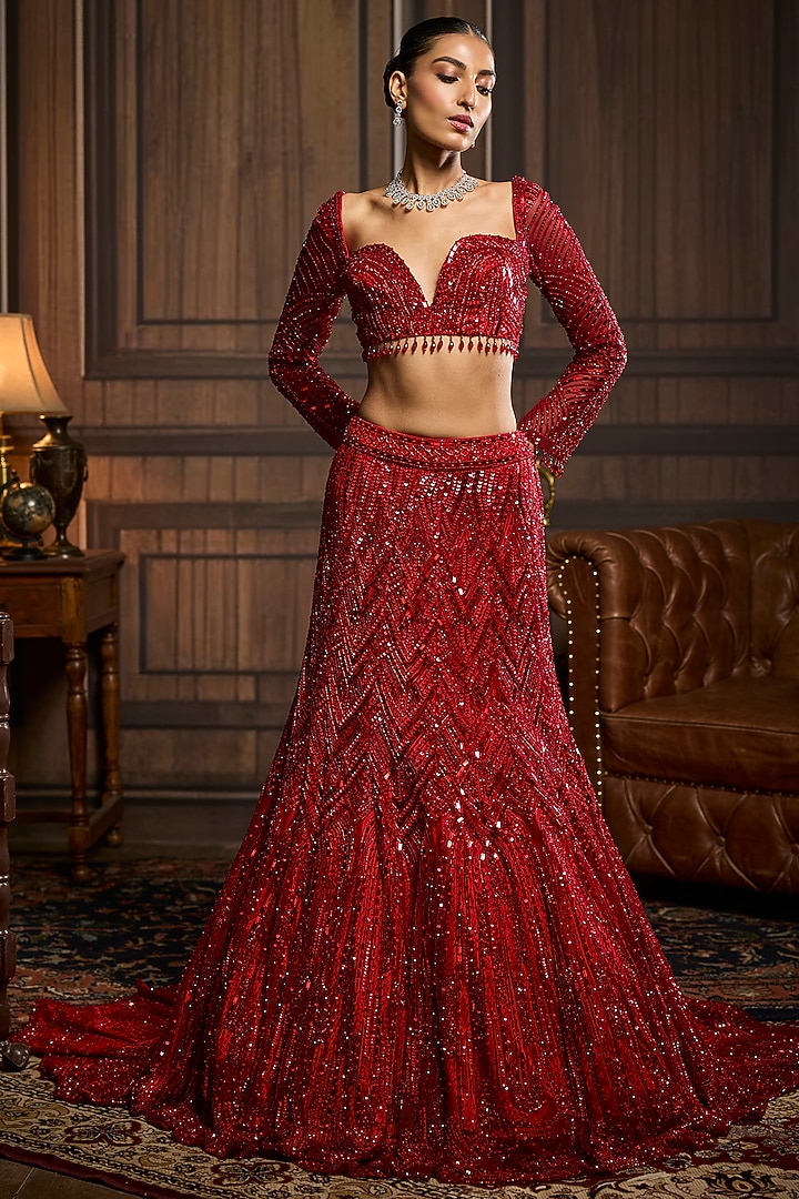 Vermillion Red Tulle Embroidered Mermaid Bridal Lehenga Set by DiyaRajvvir at Pernia's Pop Up Shop