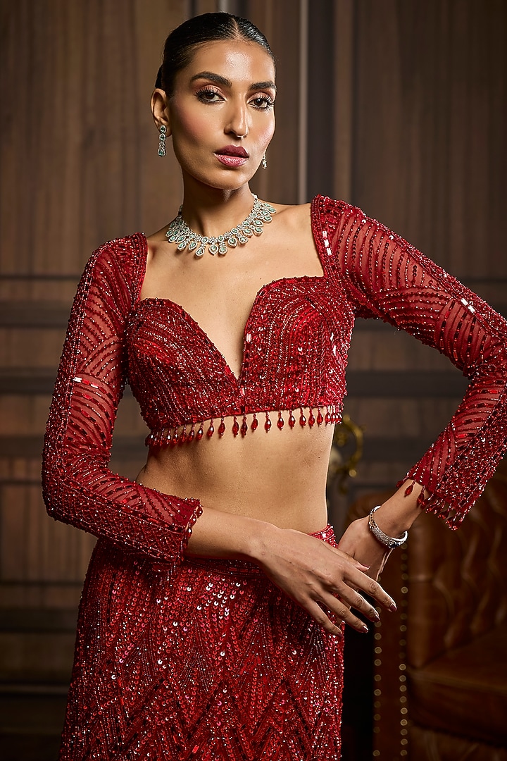 Vermillion Red Tulle Embroidered Mermaid Bridal Lehenga Set by DiyaRajvvir at Pernia's Pop Up Shop