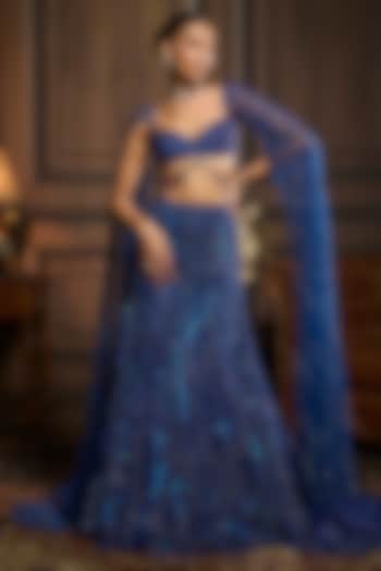 Electric Blue Tulle Embellished Bridal Lehenga Set by DiyaRajvvir at Pernia's Pop Up Shop