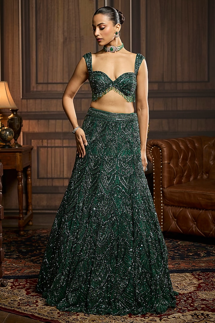 Emerald Green Tulle Embellished Bridal Lehenga Set by DiyaRajvvir at Pernia's Pop Up Shop