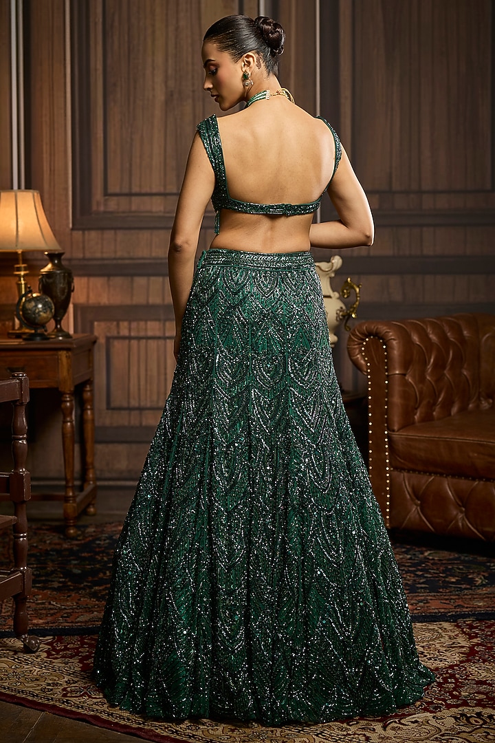 Emerald Green Tulle Embellished Bridal Lehenga Set by DiyaRajvvir at Pernia's Pop Up Shop