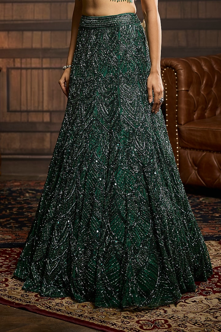 Emerald Green Tulle Embellished Bridal Lehenga Set by DiyaRajvvir at Pernia's Pop Up Shop
