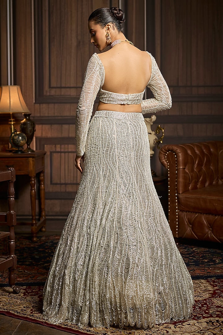 Silver Tulle Embellished Mermaid Bridal Lehenga Set by DiyaRajvvir at Pernia's Pop Up Shop