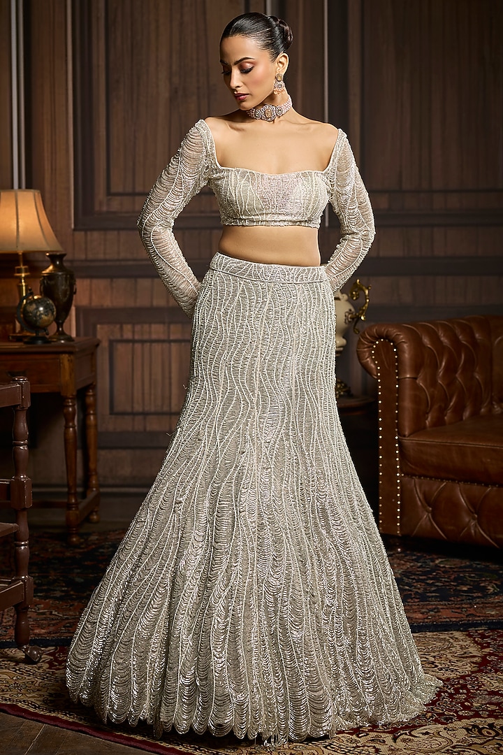 Silver Tulle Embellished Mermaid Bridal Lehenga Set by DiyaRajvvir at Pernia's Pop Up Shop