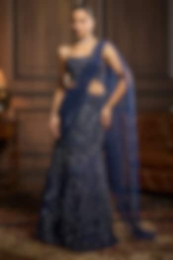 Midnight Blue Tulle Embellished Pre-Draped Skirt Reception Saree Set by DiyaRajvvir at Pernia's Pop Up Shop