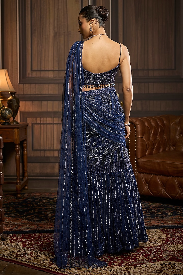 Midnight Blue Tulle Embellished Pre-Draped Skirt Reception Saree Set by DiyaRajvvir at Pernia's Pop Up Shop