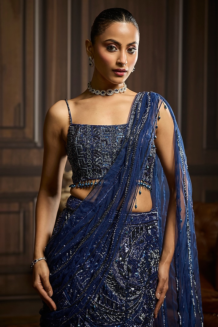 Midnight Blue Tulle Embellished Pre-Draped Skirt Reception Saree Set by DiyaRajvvir at Pernia's Pop Up Shop