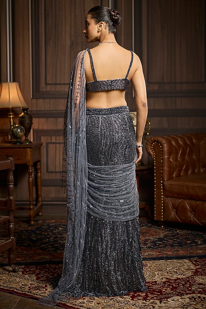 Gunmetal Grey Tulle Embellished Pre-Draped Skirt Reception Saree Set by DiyaRajvvir at Pernia's Pop Up Shop