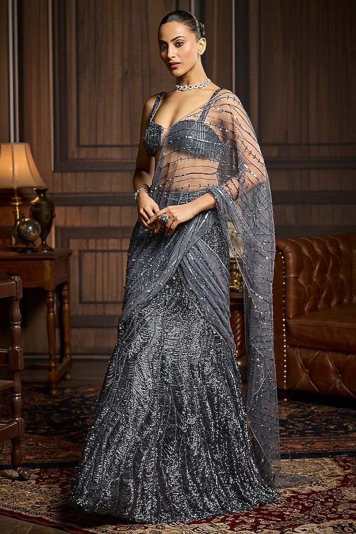 Gunmetal Grey Tulle Embellished Pre-Draped Skirt Reception Saree Set by DiyaRajvvir at Pernia's Pop Up Shop