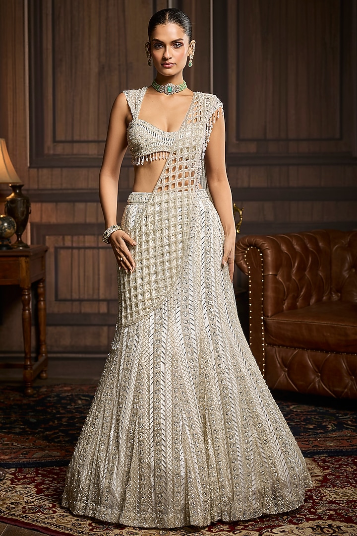 Silver Tulle Embellished Mermaid Skirt Reception Saree Set by DiyaRajvvir at Pernia's Pop Up Shop
