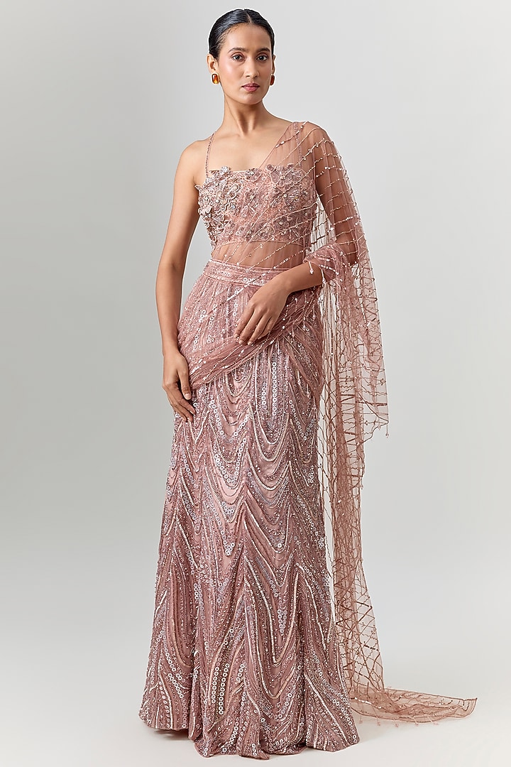 Blush Pink Tulle 3D Applique Embellished Pre-Draped Skirt Reception Saree Set by DiyaRajvvir at Pernia's Pop Up Shop