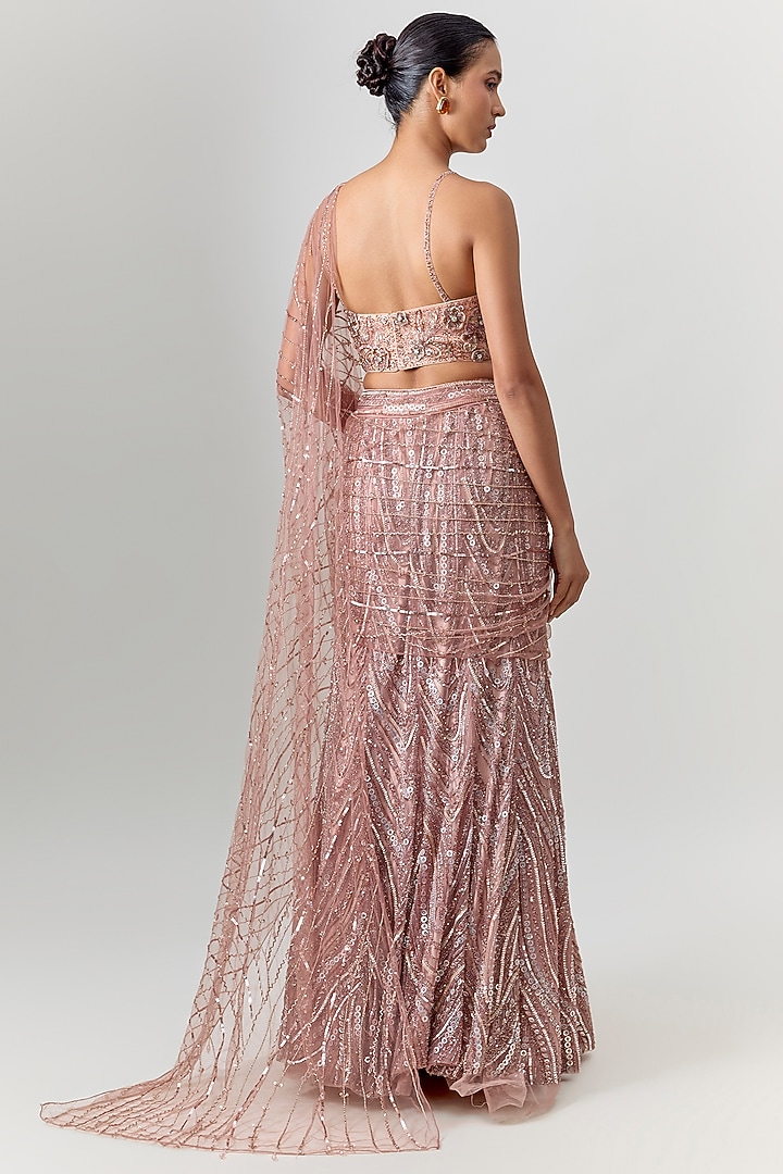 Blush Pink Tulle 3D Applique Embellished Pre-Draped Skirt Reception Saree Set by DiyaRajvvir at Pernia's Pop Up Shop