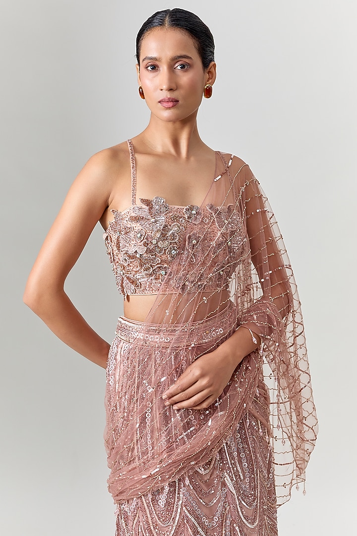 Blush Pink Tulle 3D Applique Embellished Pre-Draped Skirt Reception Saree Set by DiyaRajvvir at Pernia's Pop Up Shop