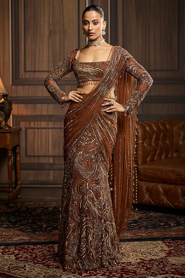 Caramel Brown Tulle Embellished Draped Skirt Reception Saree Set by DiyaRajvvir at Pernia's Pop Up Shop
