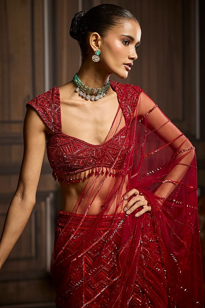 Vermillion Red Tulle Embroidered Skirt Reception Saree Set by DiyaRajvvir at Pernia's Pop Up Shop