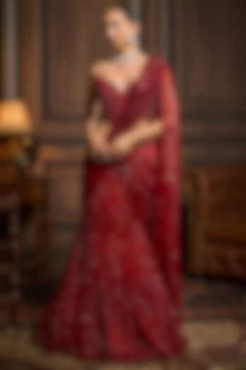 Vermillion Red Tulle Embroidered Skirt Reception Saree Set by DiyaRajvvir at Pernia's Pop Up Shop