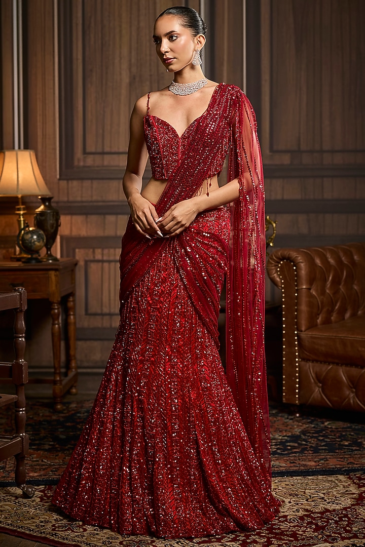 Vermillion Red Tulle Embroidered Skirt Reception Saree Set by DiyaRajvvir at Pernia's Pop Up Shop
