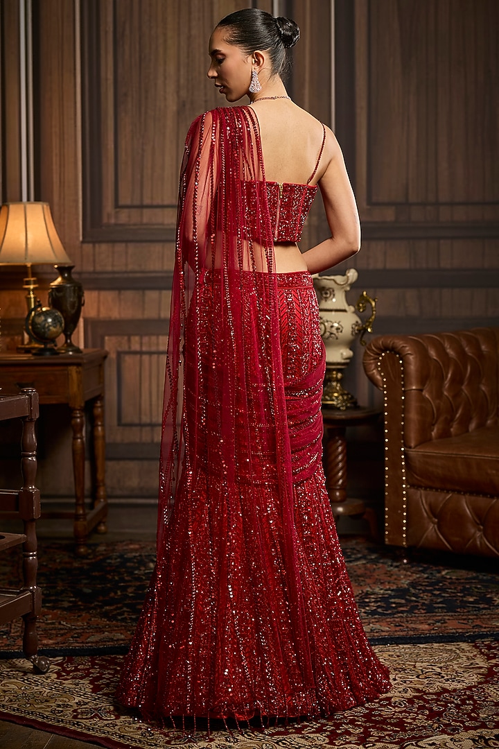 Vermillion Red Tulle Embroidered Skirt Reception Saree Set by DiyaRajvvir at Pernia's Pop Up Shop