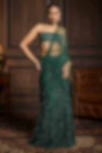Emerald Green Tulle Embellished Pre-Draped Skirt Reception Saree Set by DiyaRajvvir at Pernia's Pop Up Shop