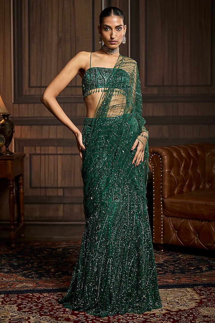 Emerald Green Tulle Embellished Pre-Draped Skirt Reception Saree Set by DiyaRajvvir at Pernia's Pop Up Shop