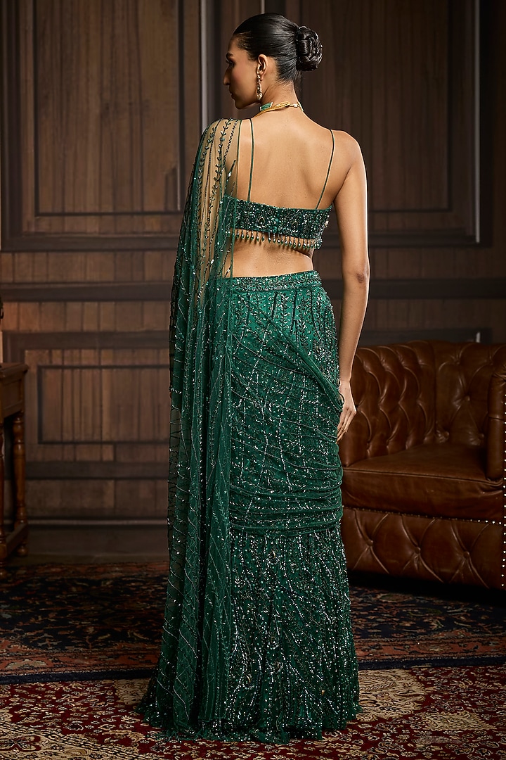 Emerald Green Tulle Embellished Pre-Draped Skirt Reception Saree Set by DiyaRajvvir at Pernia's Pop Up Shop