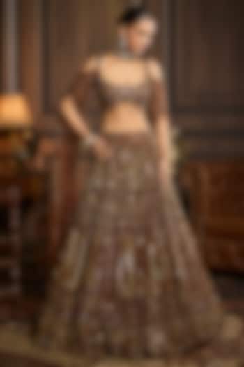 Golden Tulle Embellished Bridal Lehenga Set by DiyaRajvvir at Pernia's Pop Up Shop