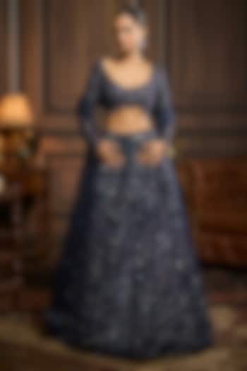 Midnight Blue Tulle Embellished Bridal Lehenga Set by DiyaRajvvir at Pernia's Pop Up Shop